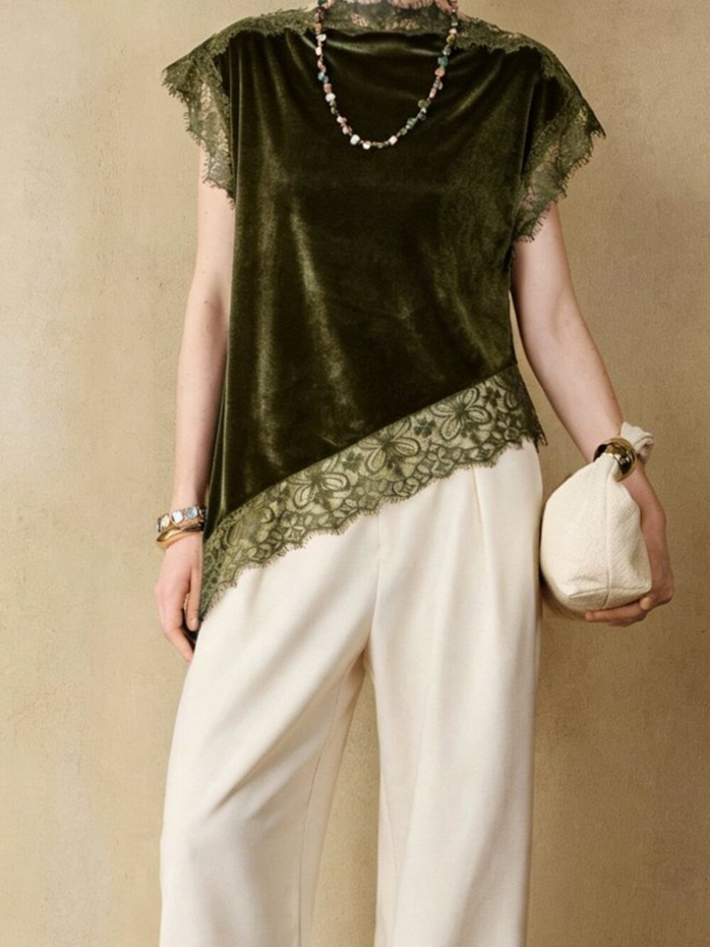 Army Green Elegant Women's Velvet Contrast Lace Stand Collar Slant Cut Top